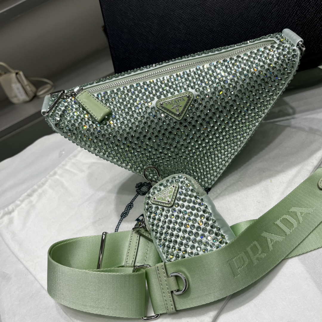 Prada 1NE190 Crystal-studded satin pouch Green - Default Title - View 9