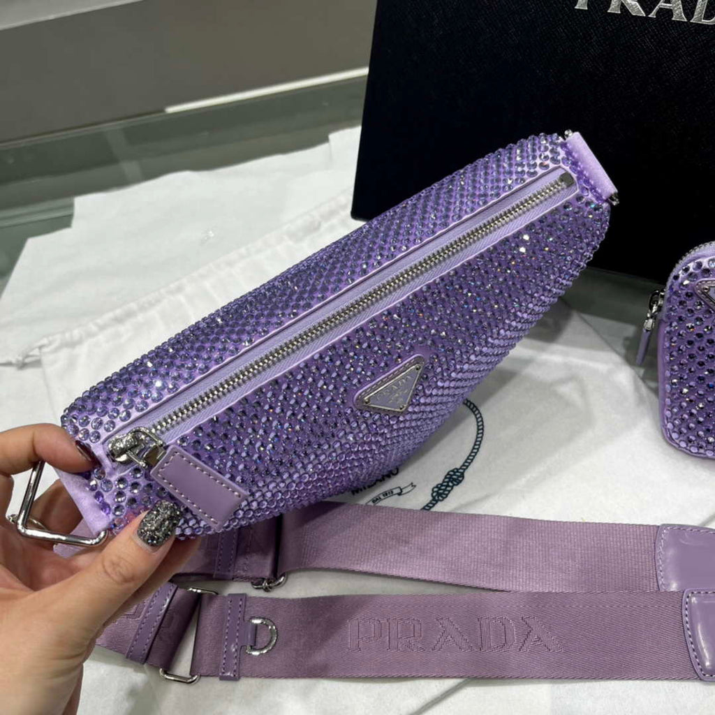 Prada 1NE190 Crystal-studded satin pouch Purple