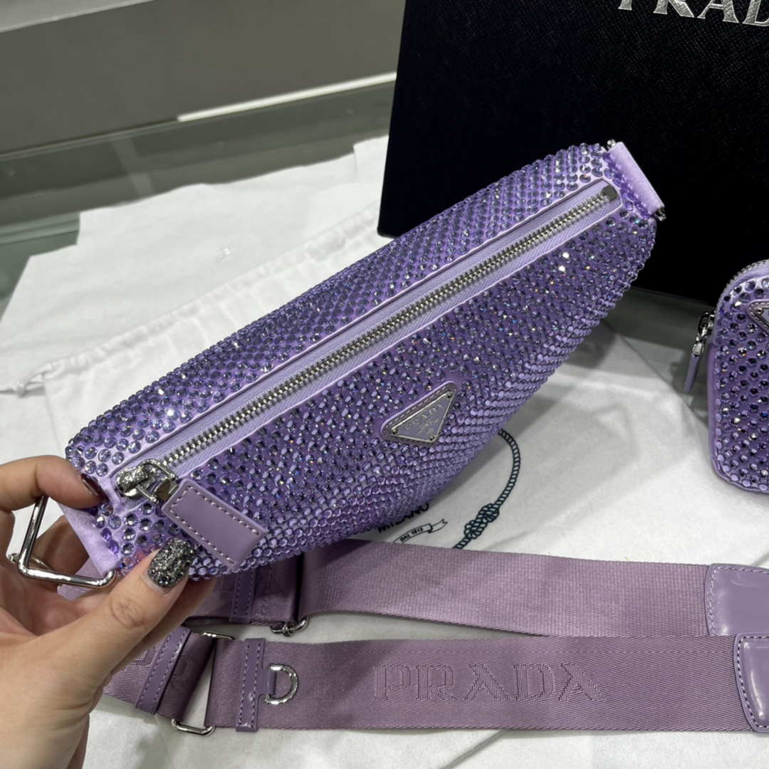 Prada 1NE190 Crystal-studded satin pouch Purple