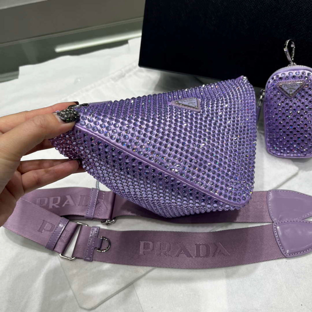 Prada 1NE190 Crystal-studded satin pouch Purple