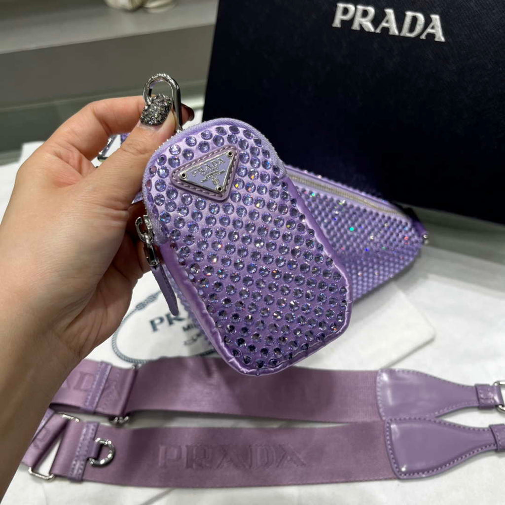 Prada 1NE190 Crystal-studded satin pouch Purple