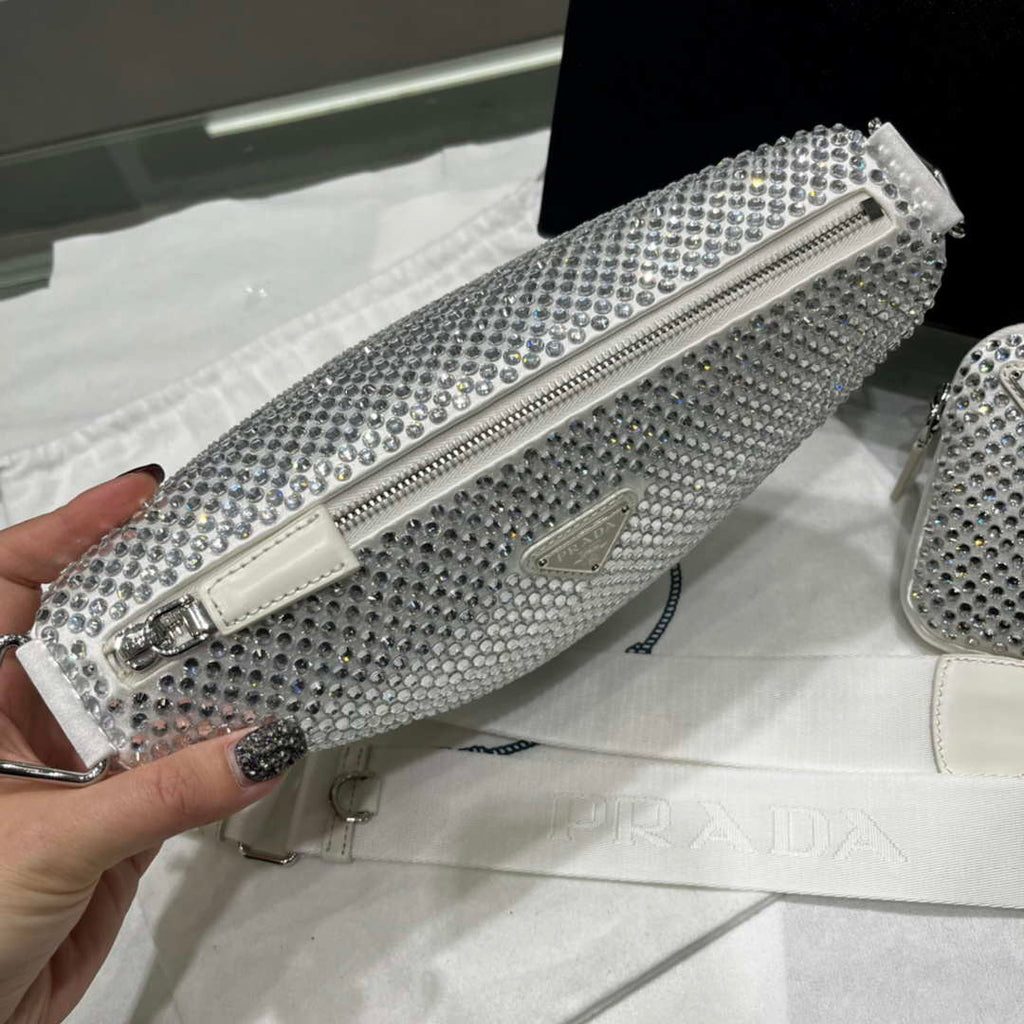 Prada 1NE190 Crystal-studded satin pouch White
