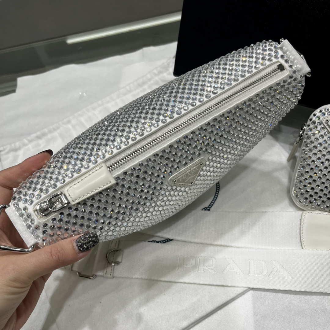 Prada 1NE190 Crystal-studded satin pouch White - Default Title - View 2