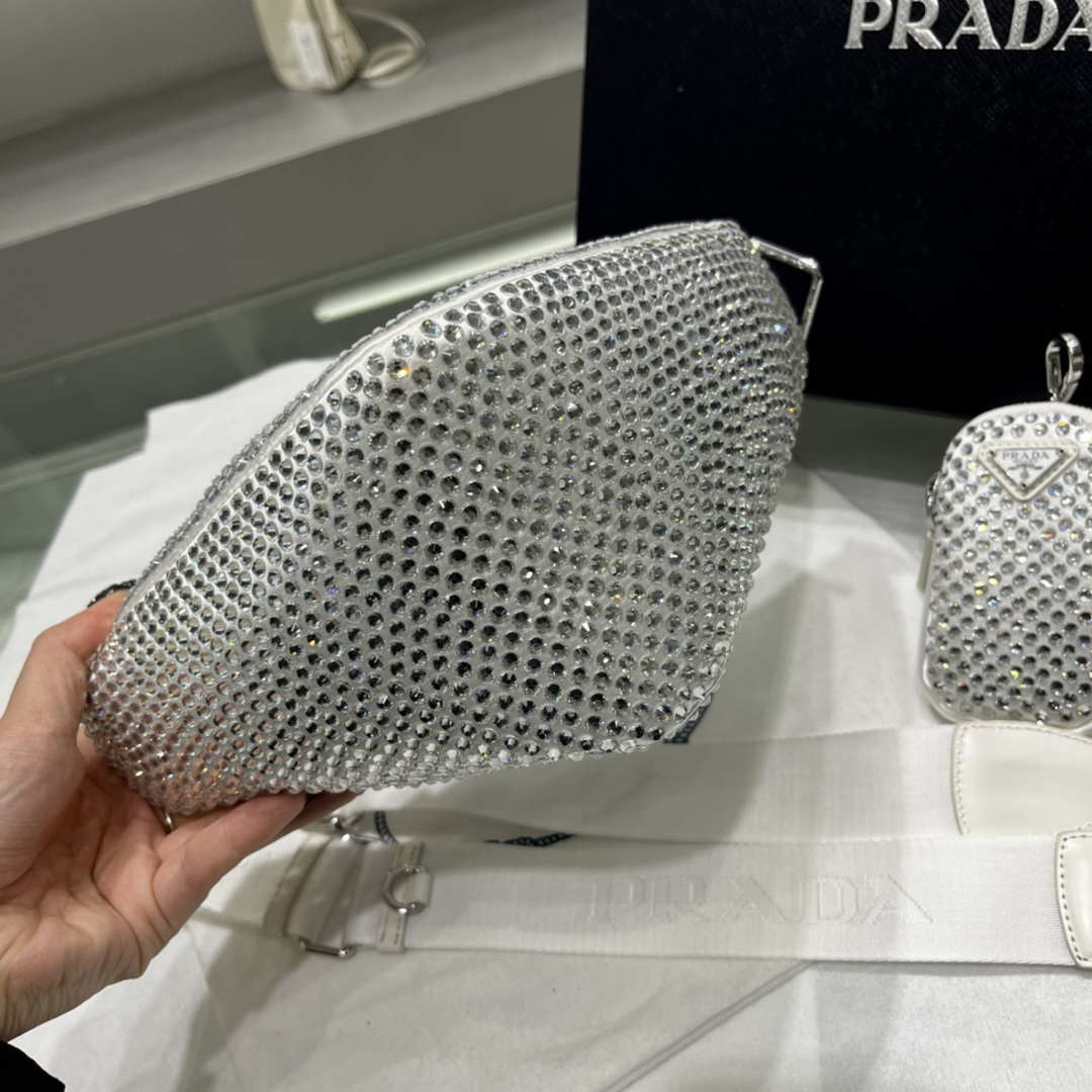 Prada 1NE190 Crystal-studded satin pouch White - Default Title - View 4