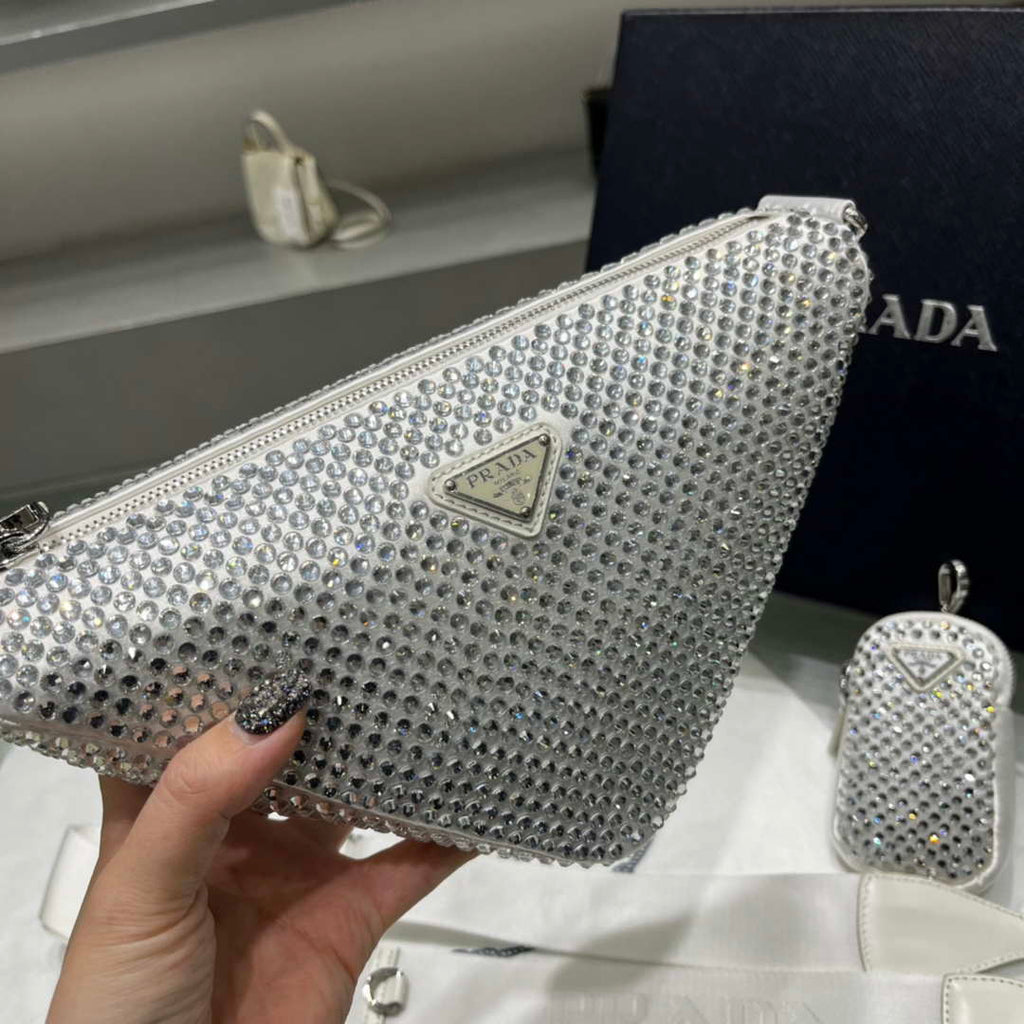 Prada 1NE190 Crystal-studded satin pouch White
