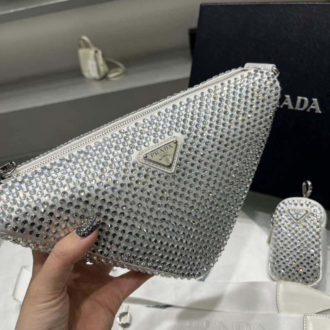 Prada 1NE190 Crystal-studded satin pouch White - Default Title - View 5