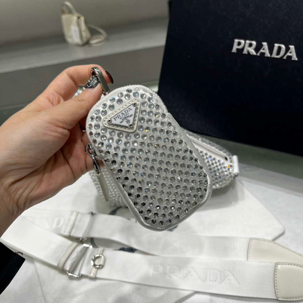 Prada 1NE190 Crystal-studded satin pouch White