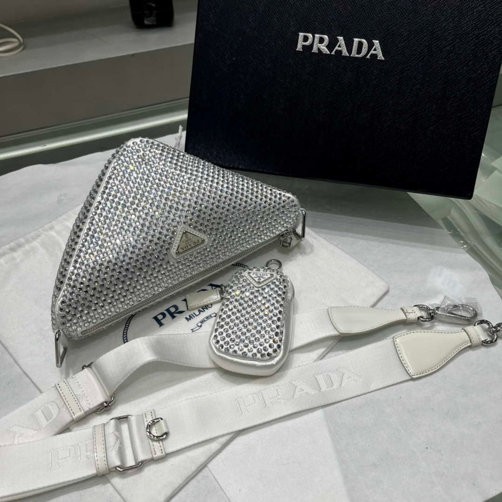 Prada 1NE190 Crystal-studded satin pouch White