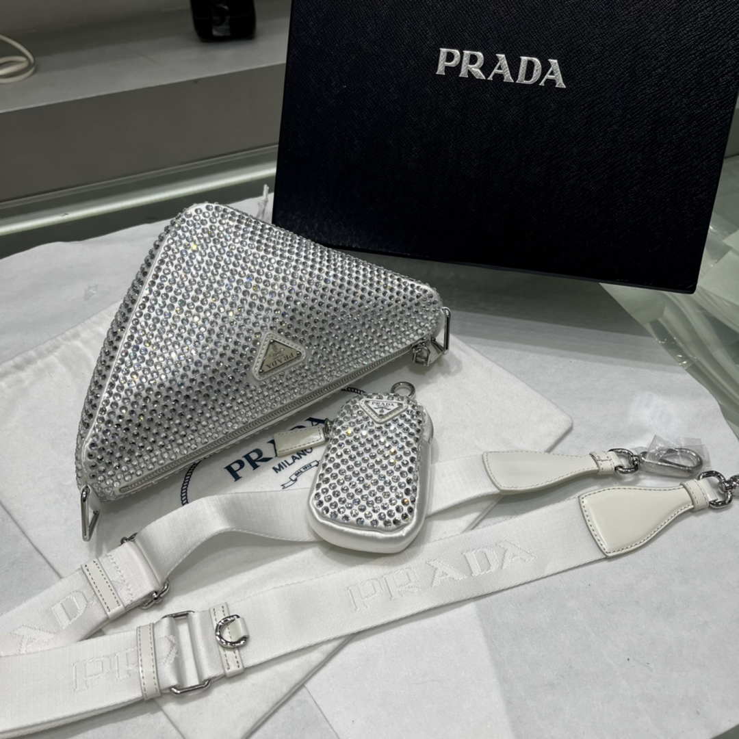 Prada 1NE190 Crystal-studded satin pouch White