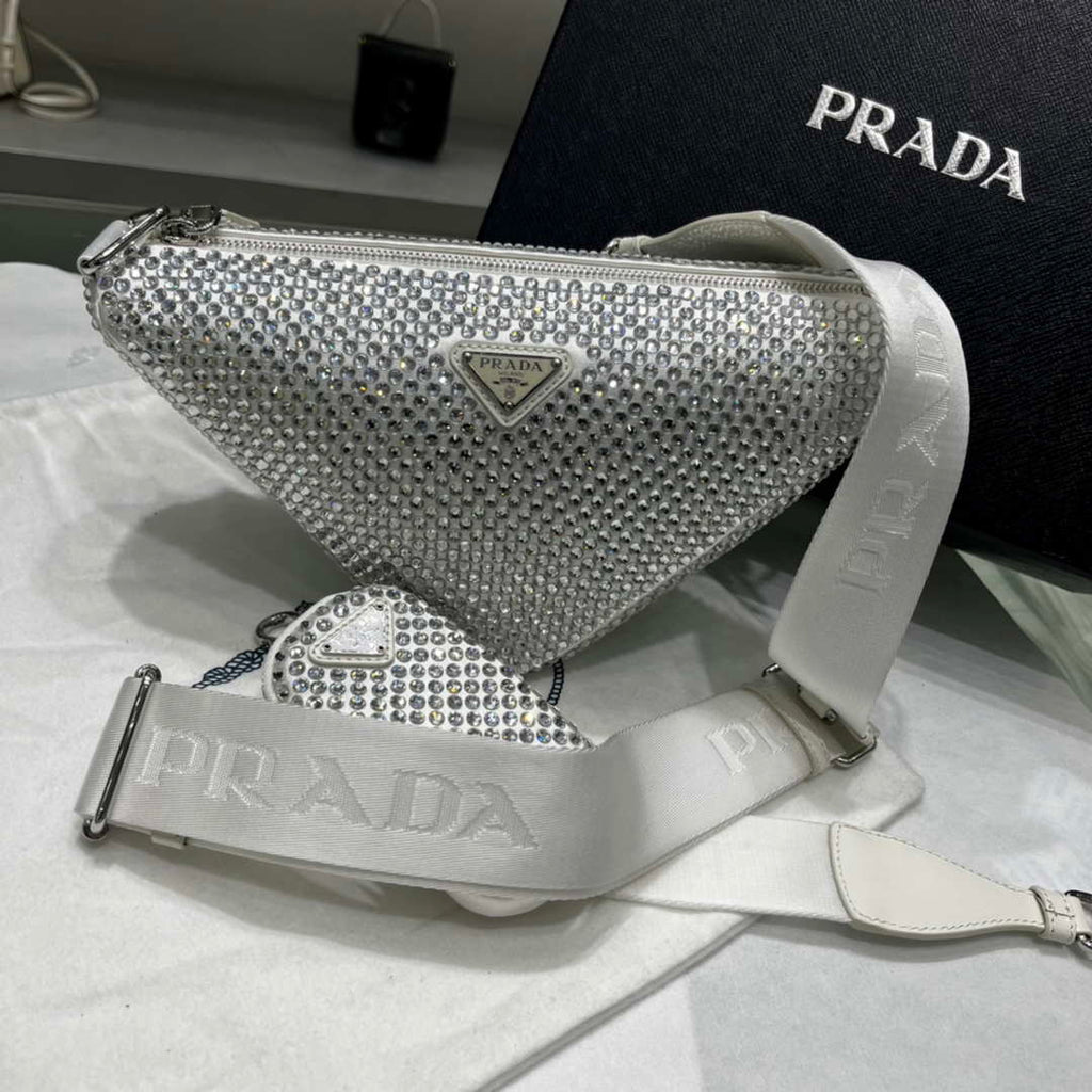 Prada 1NE190 Crystal-studded satin pouch White