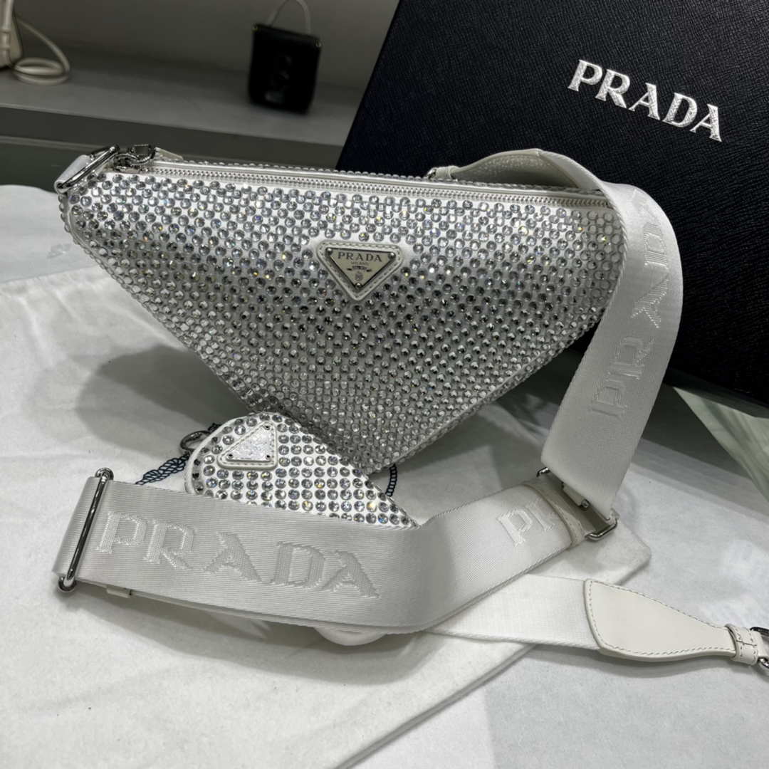 Prada 1NE190 Crystal-studded satin pouch White
