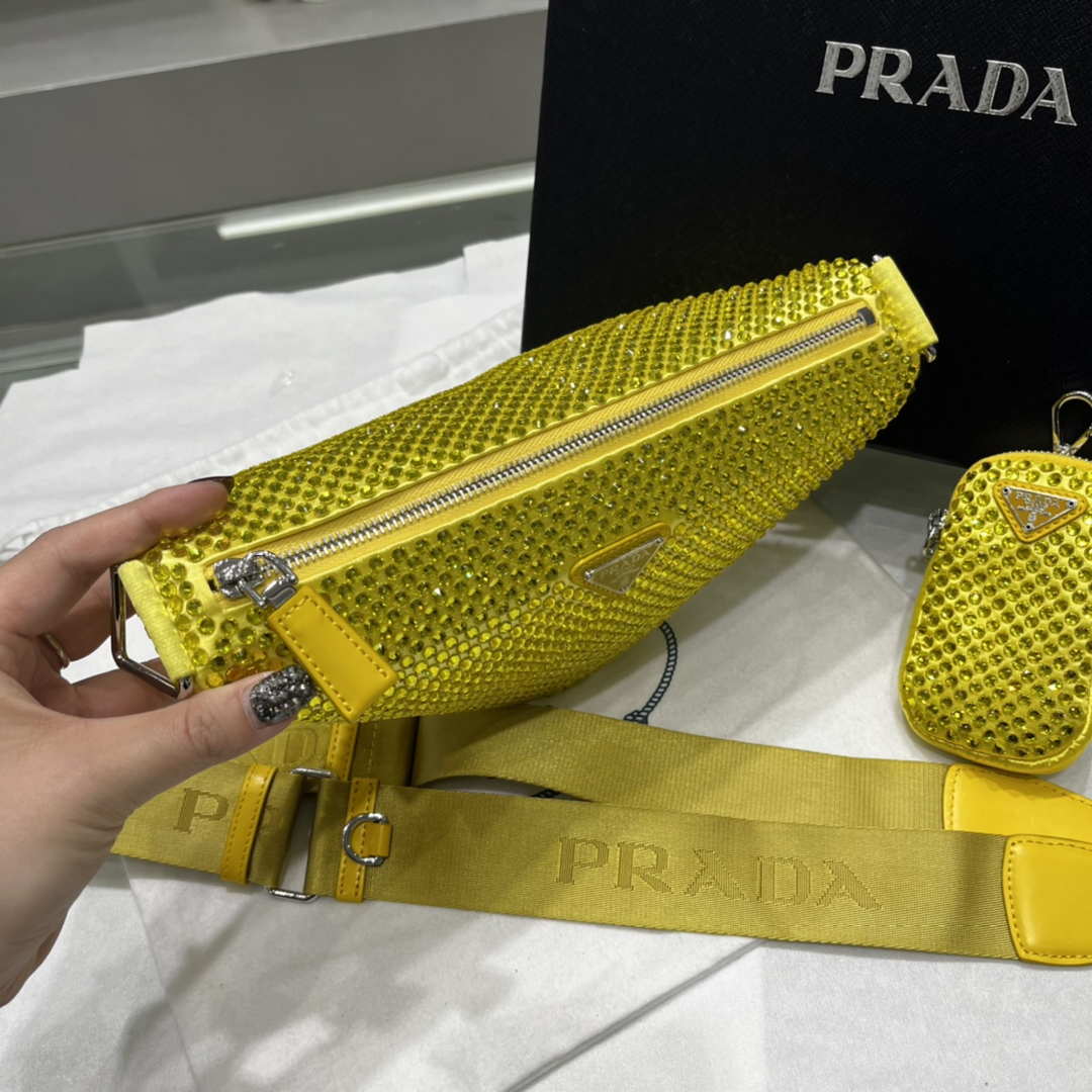 Prada 1NE190 Crystal-studded satin pouch Yellow