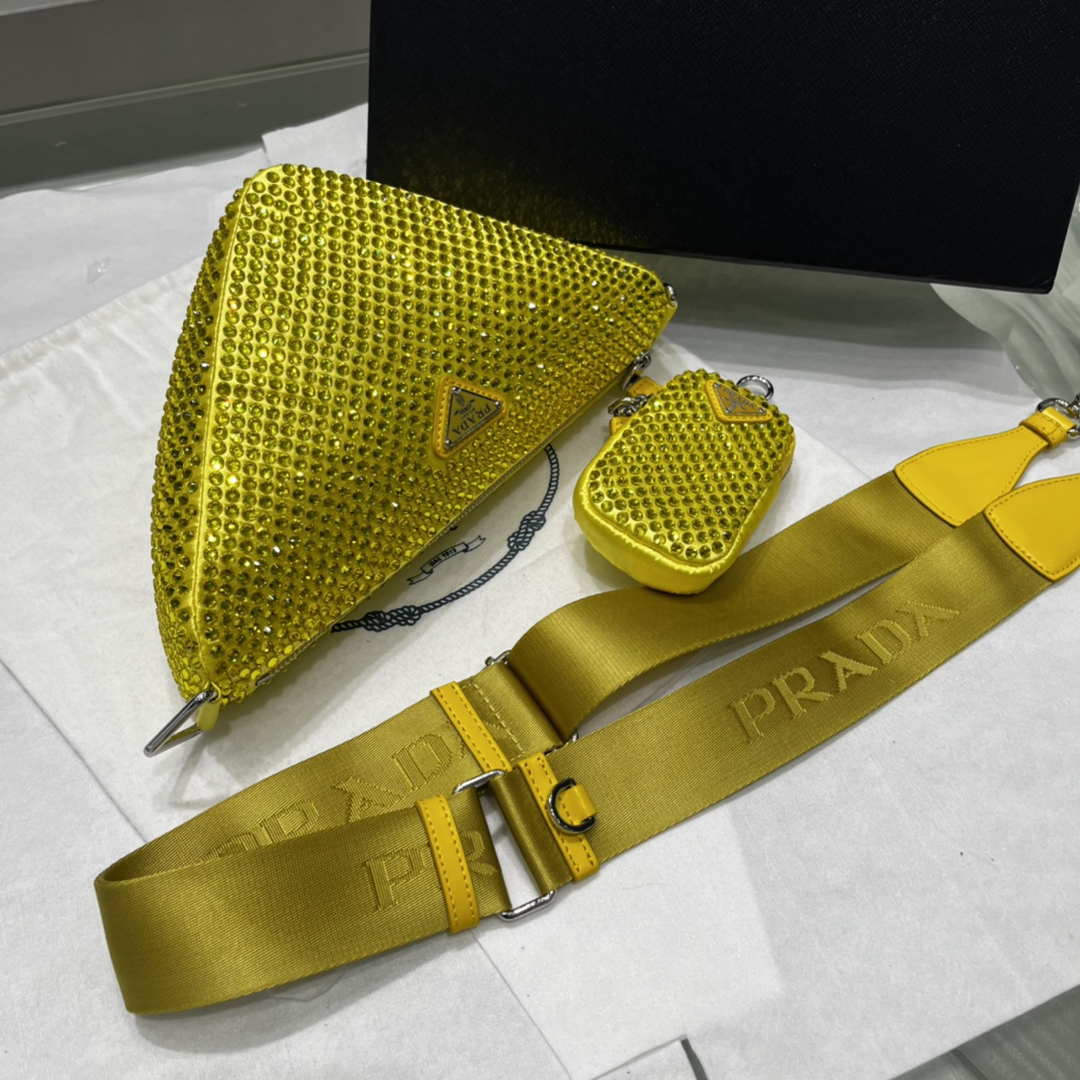 Prada 1NE190 Crystal-studded satin pouch Yellow