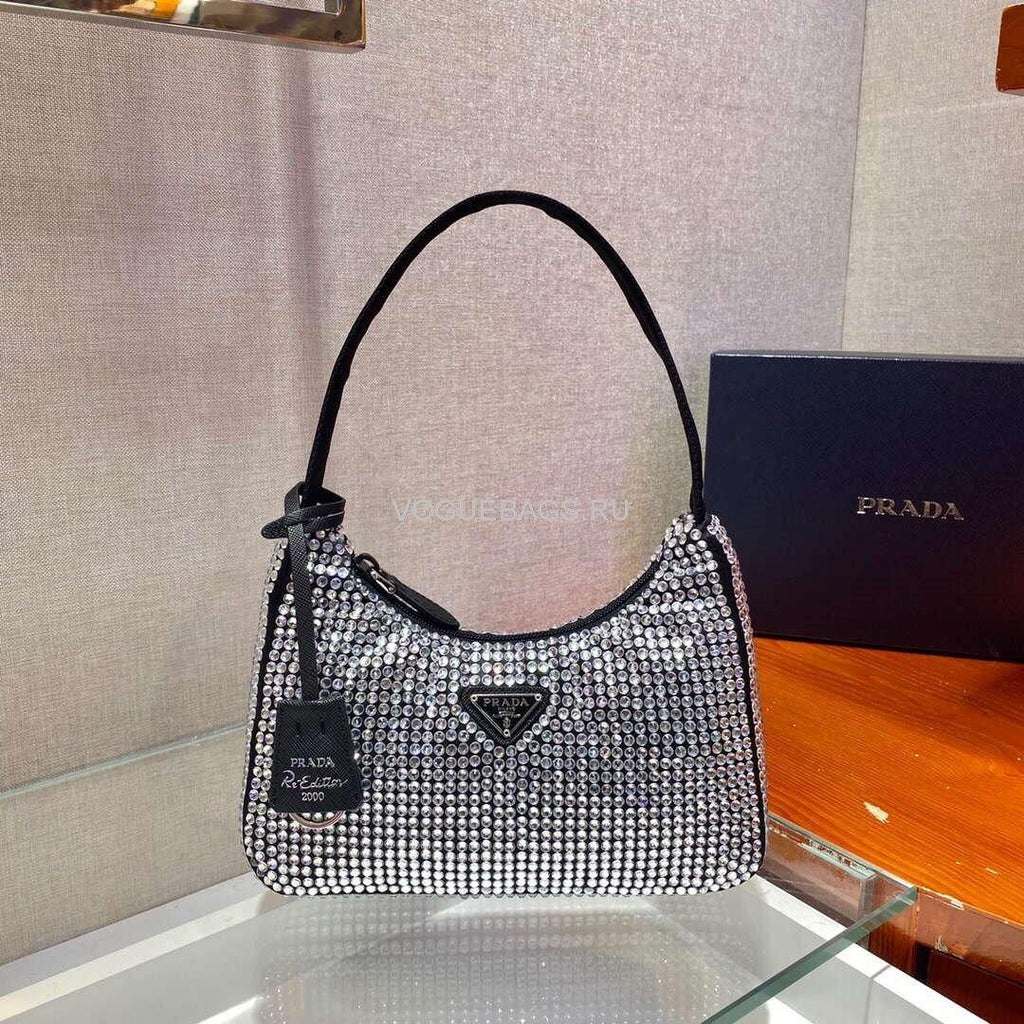 Prada 1NE515 Prada Hobo Diamond Mini Shoulder Bag artificial crystals Sliver