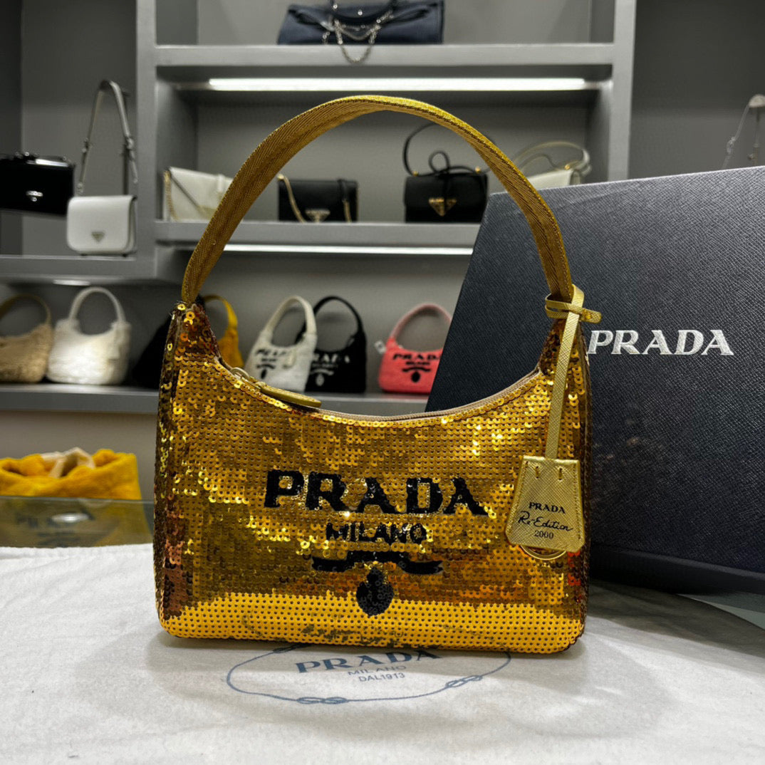 Prada 1NE515 Re-Edition 2000 sequined Re-Nylon mini-bag Gold - Default Title - View 1
