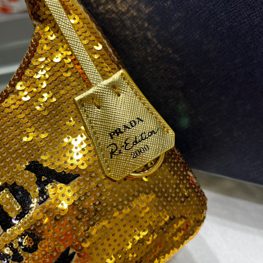 Prada 1NE515 Re-Edition 2000 sequined Re-Nylon mini-bag Gold