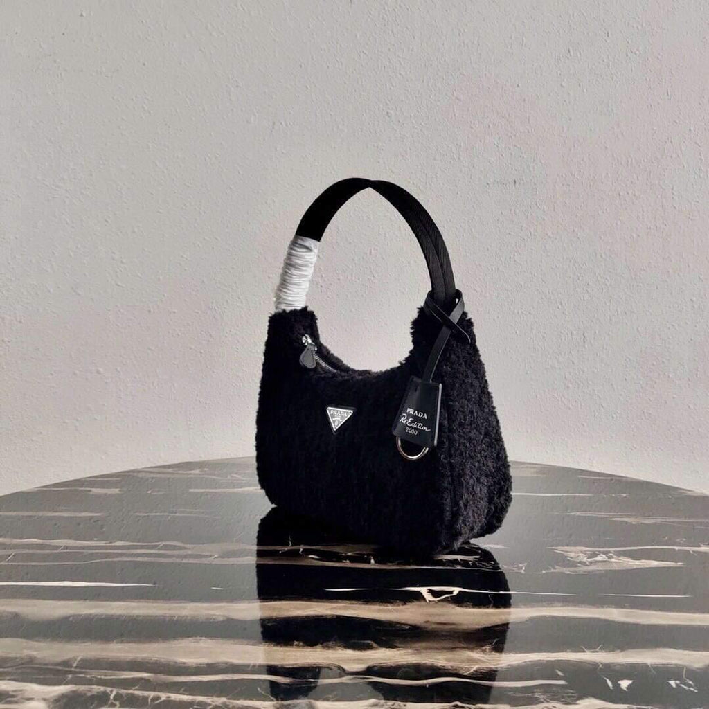 Prada 1NE515 Re Edition 2000  Shearling Mini Bag Black - luxibagsmall