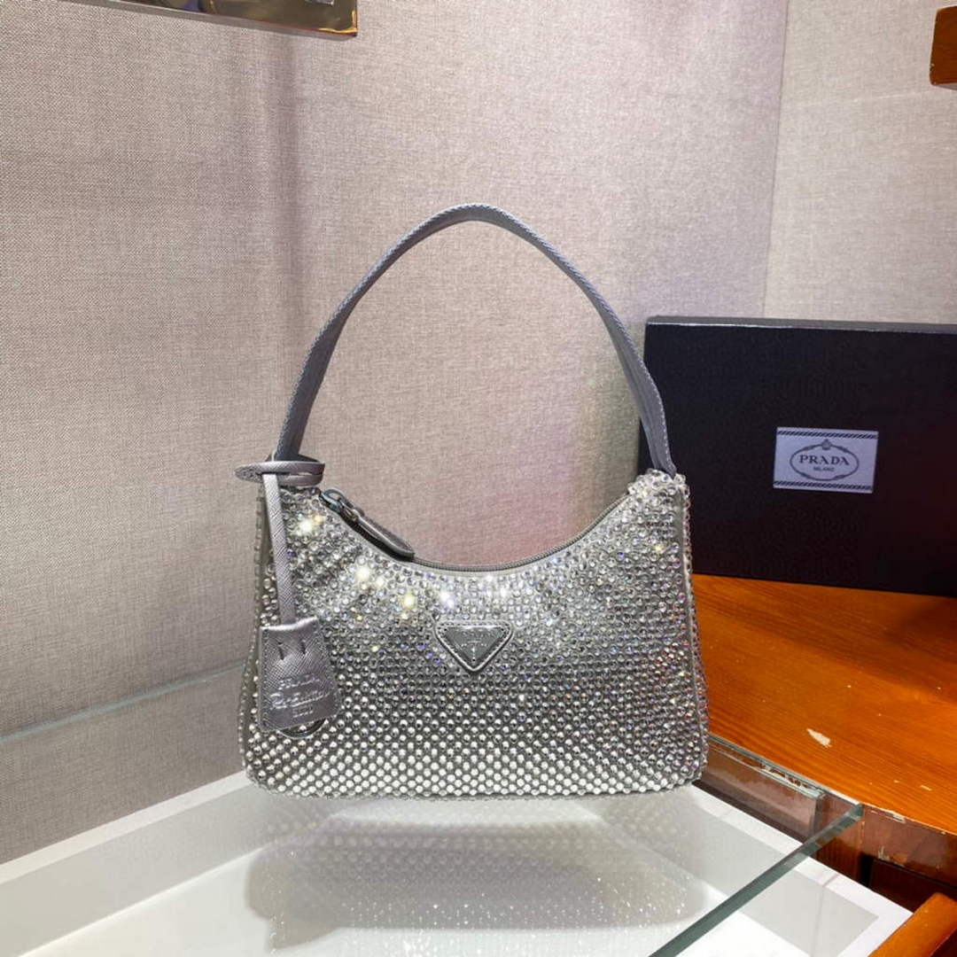 Prada 1NE515 Satin mini-bag with artificial crystals gray