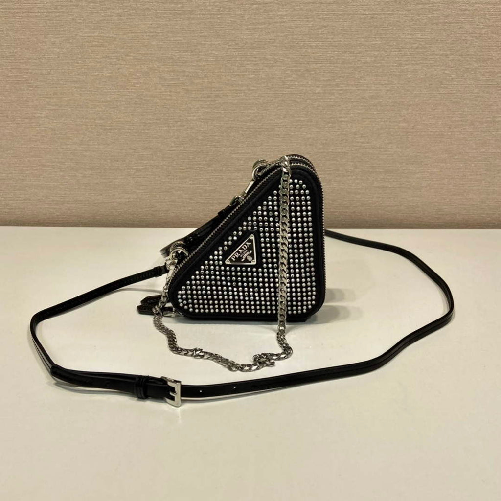 Prada 1NR015 Embellished satin and leather mini-pouch Black