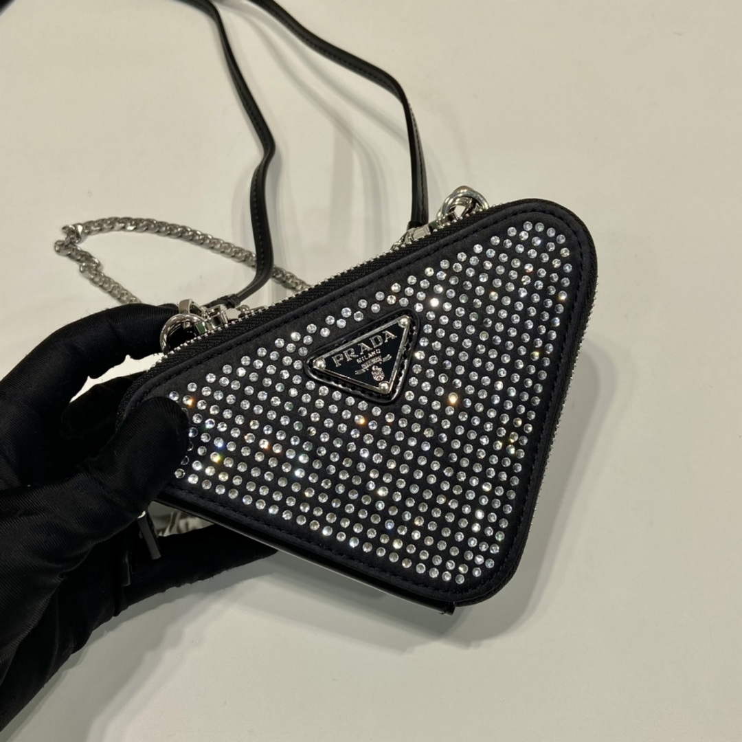 Prada 1NR015 Embellished satin and leather mini-pouch Black
