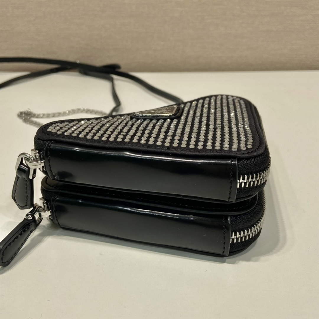 Prada 1NR015 Embellished satin and leather mini-pouch Black