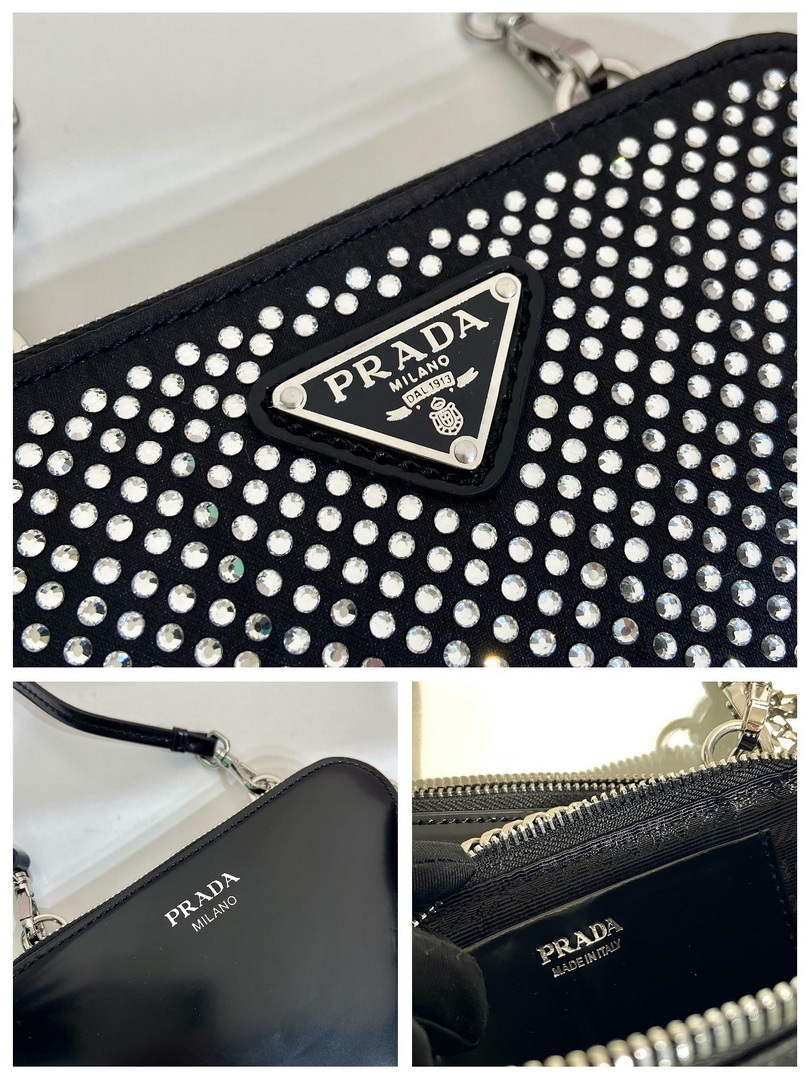 Prada 1NR015 Embellished satin and leather mini-pouch Black
