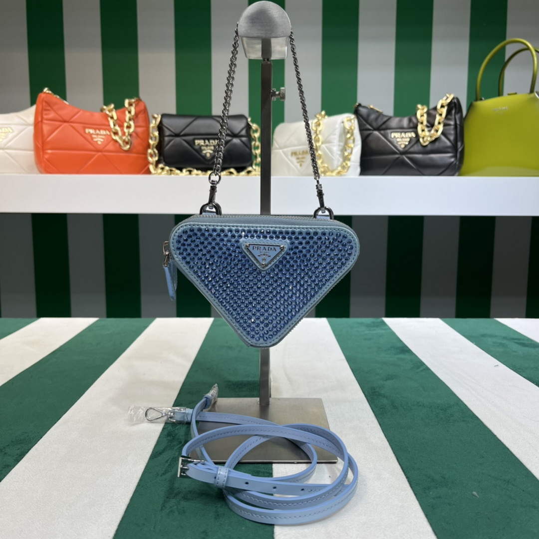 Prada 1NR015 Embellished satin and leather mini-pouch Blue - Default Title - View 1