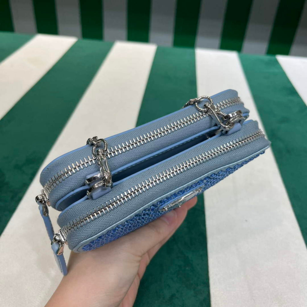 Prada 1NR015 Embellished satin and leather mini-pouch Blue