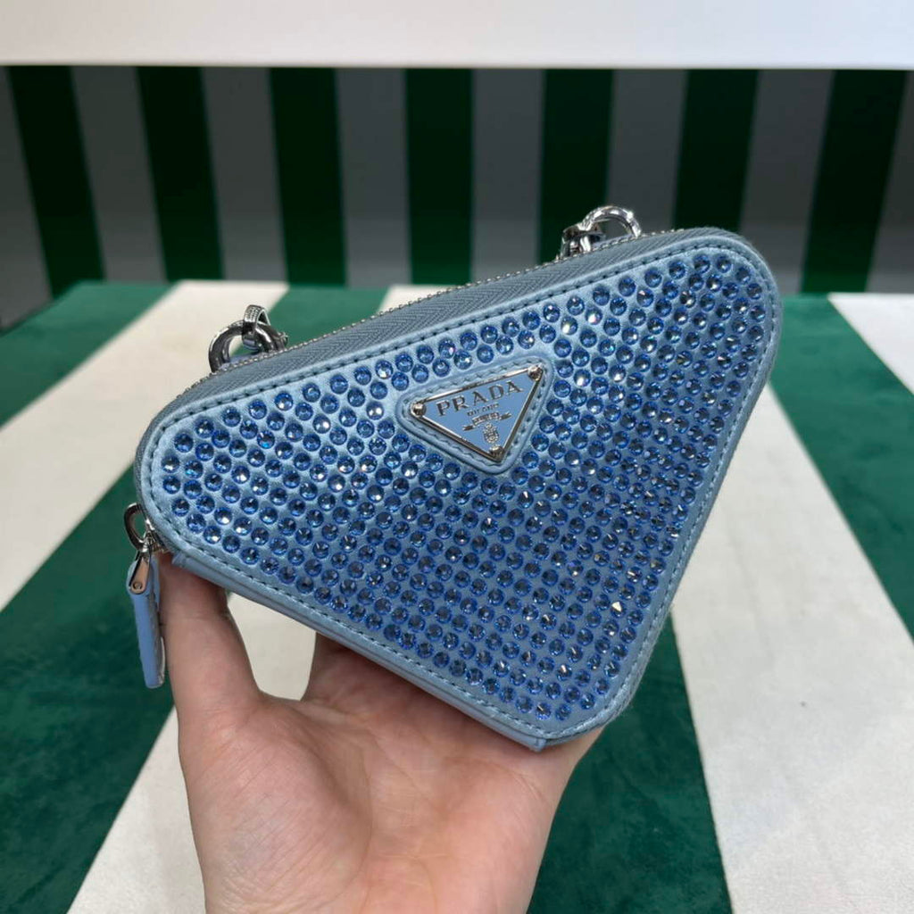 Prada 1NR015 Embellished satin and leather mini-pouch Blue