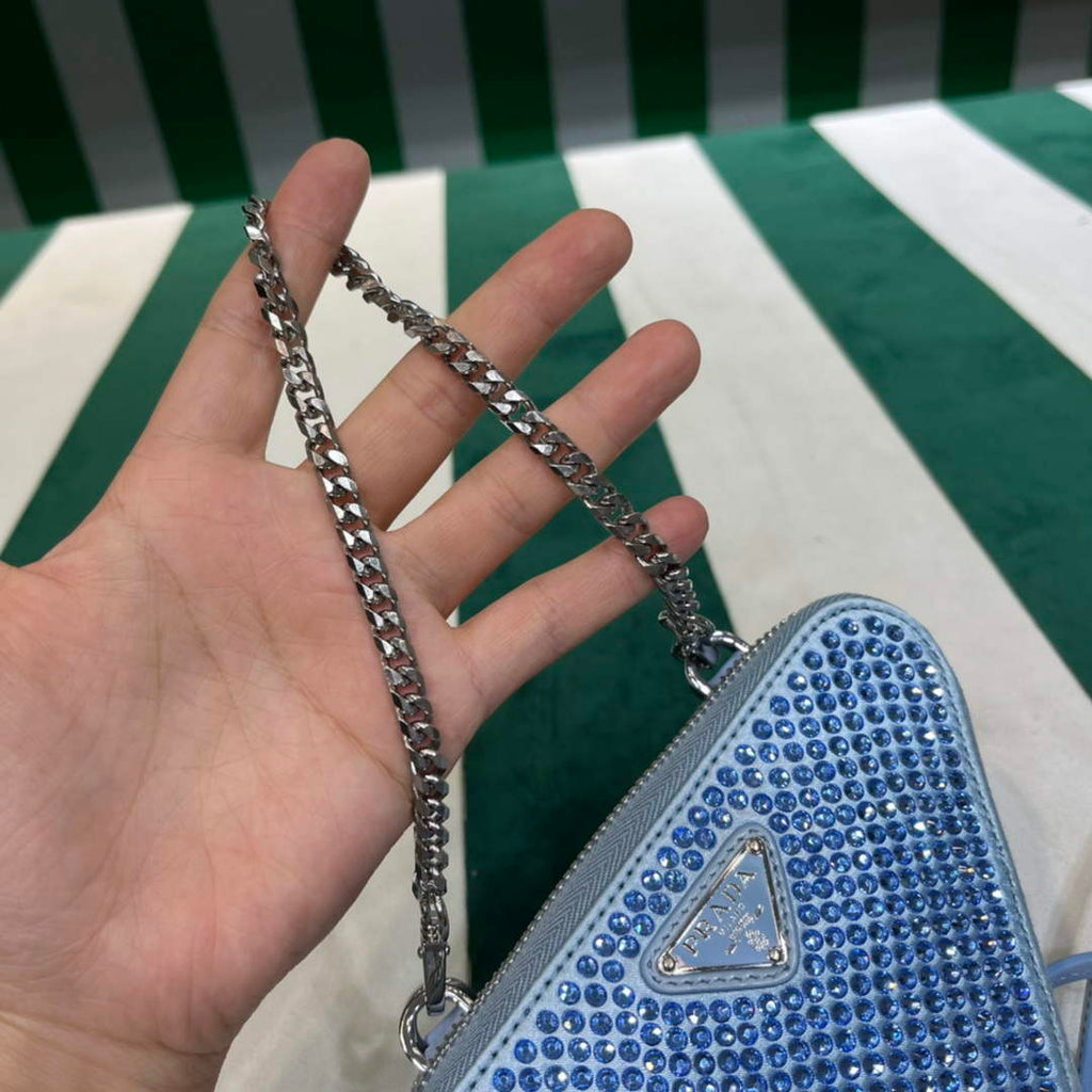 Prada 1NR015 Embellished satin and leather mini-pouch Blue