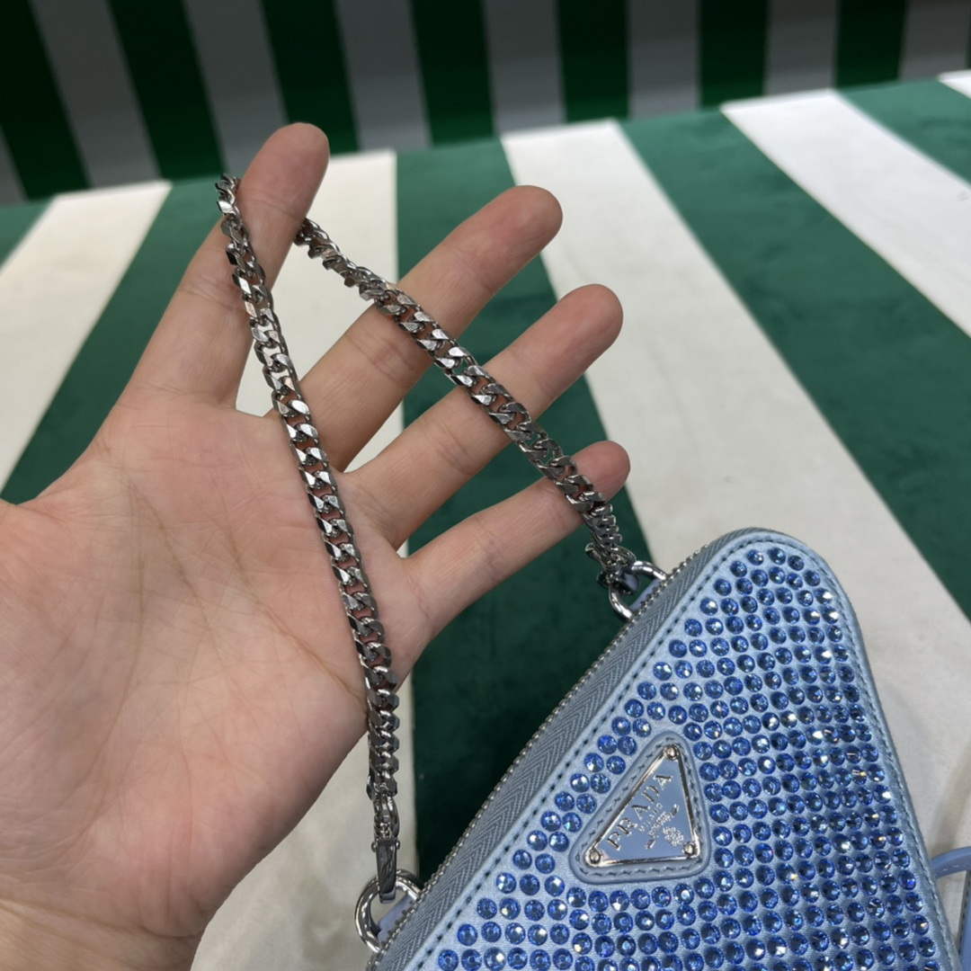 Prada 1NR015 Embellished satin and leather mini-pouch Blue