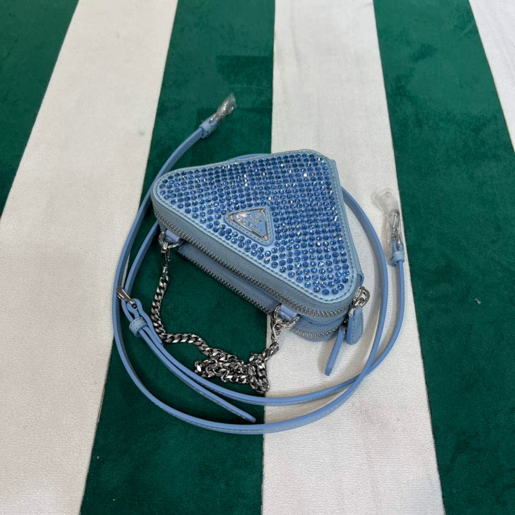 Prada 1NR015 Embellished satin and leather mini-pouch Blue