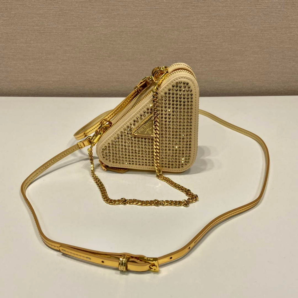 Prada 1NR015 Embellished satin and leather mini-pouch Gold