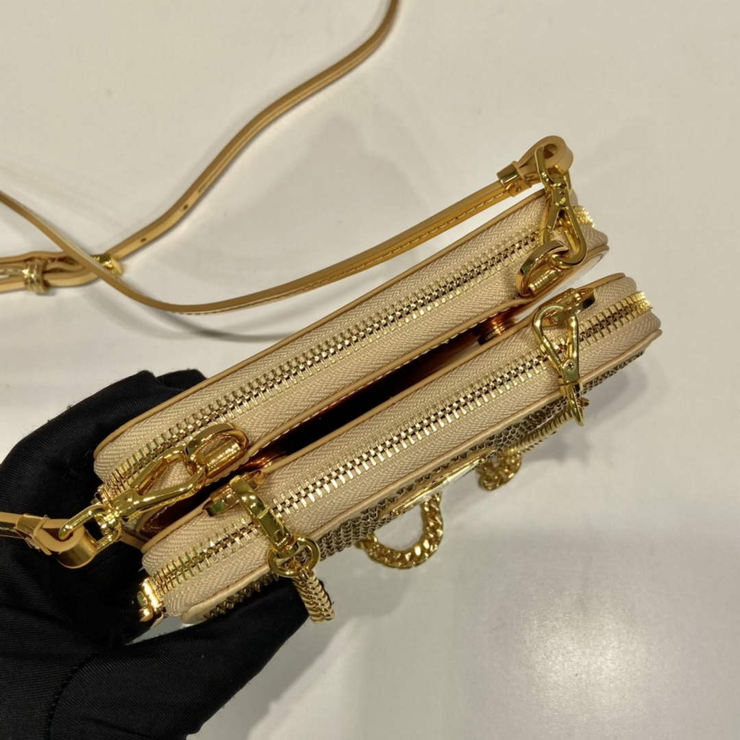 Prada 1NR015 Embellished satin and leather mini-pouch Gold
