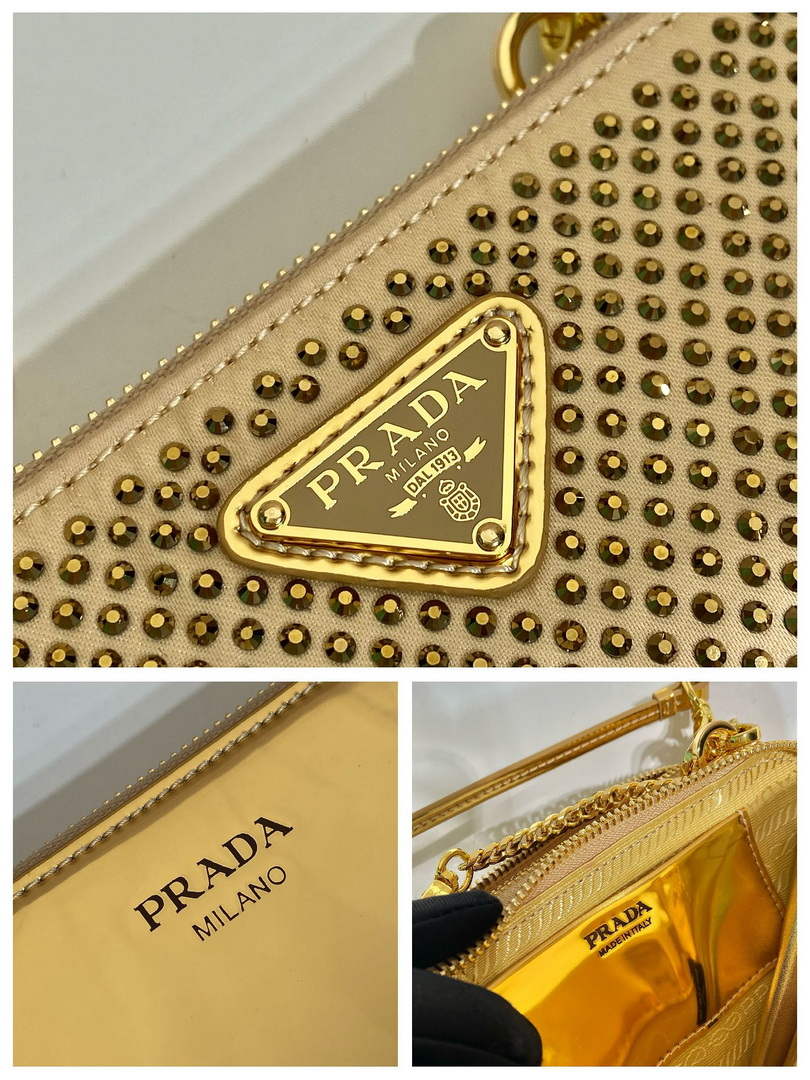 Prada 1NR015 Embellished satin and leather mini-pouch Gold