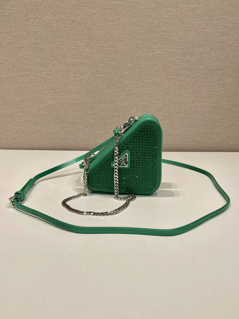 Prada 1NR015 Embellished satin and leather mini-pouch Green