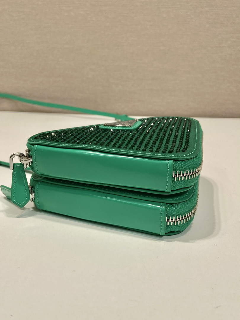 Prada 1NR015 Embellished satin and leather mini-pouch Green