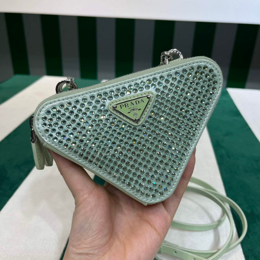 Prada 1NR015 Embellished satin and leather mini-pouch Light green