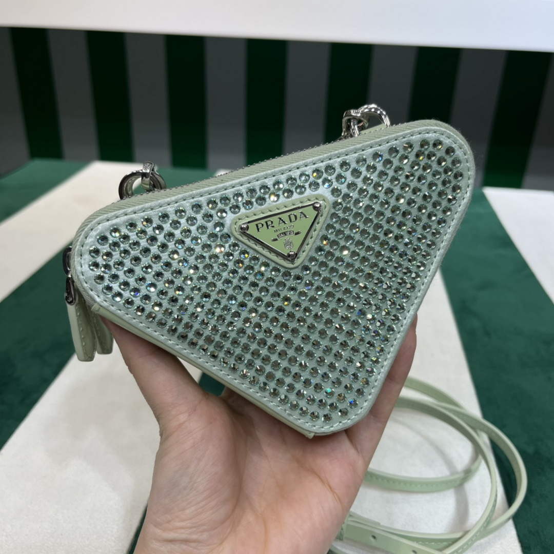 Prada 1NR015 Embellished satin and leather mini-pouch Light green