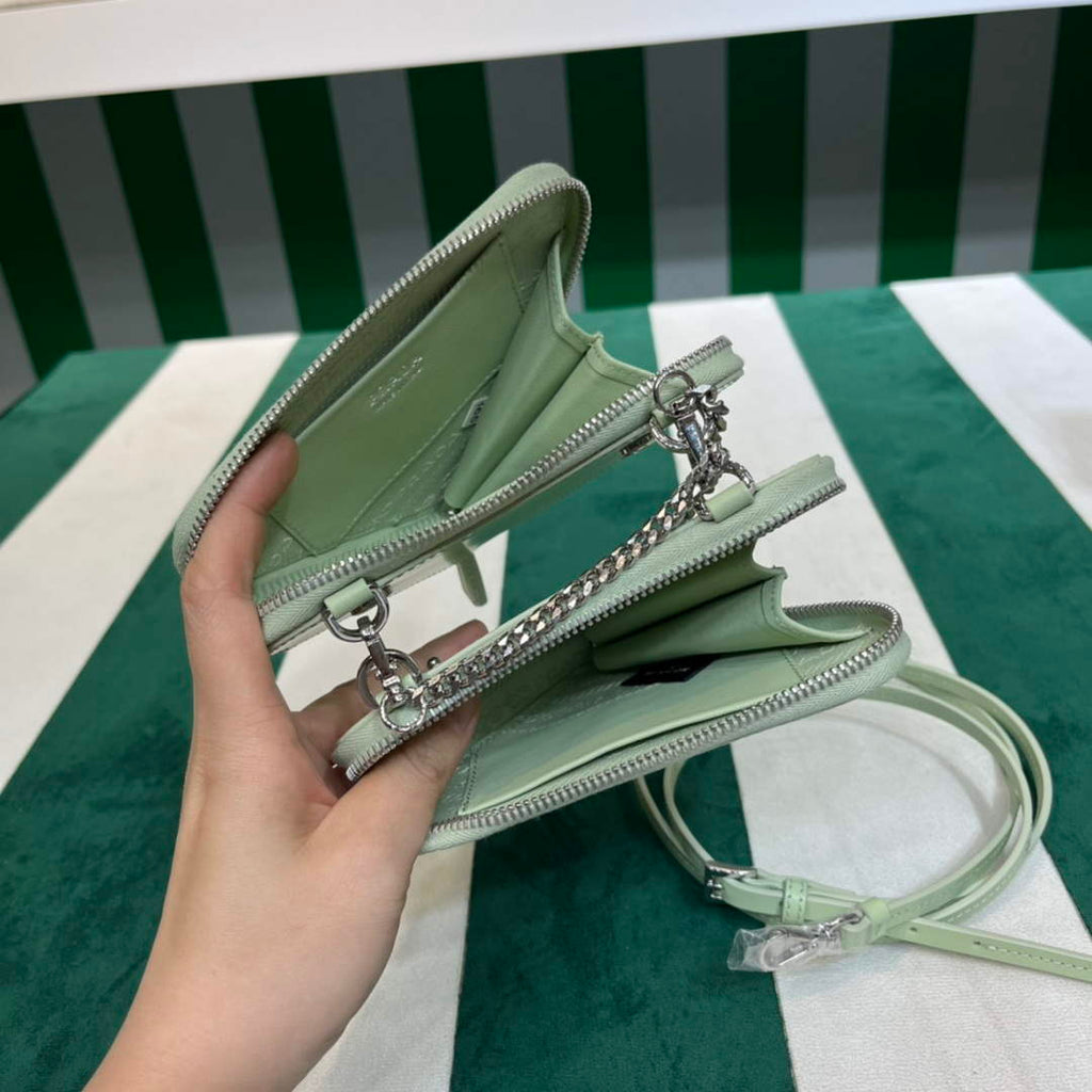 Prada 1NR015 Embellished satin and leather mini-pouch Light green