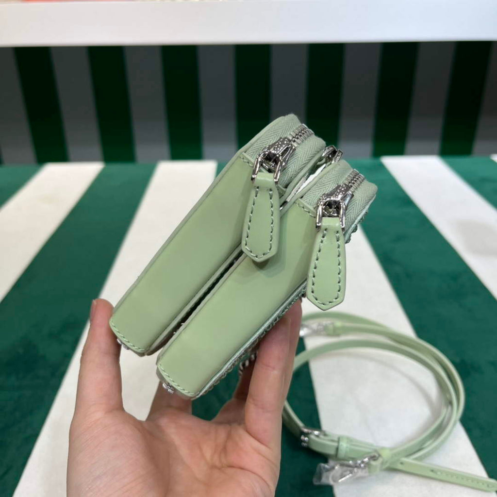 Prada 1NR015 Embellished satin and leather mini-pouch Light green