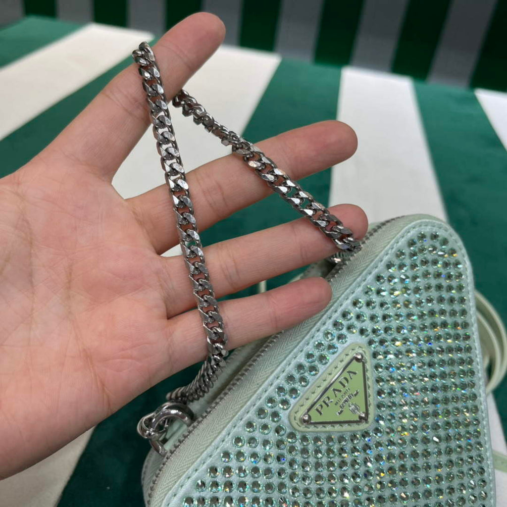 Prada 1NR015 Embellished satin and leather mini-pouch Light green