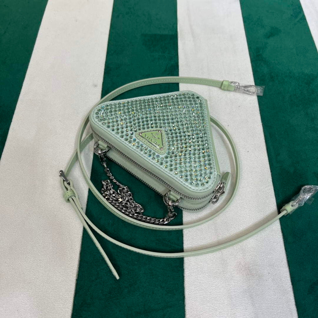 Prada 1NR015 Embellished satin and leather mini-pouch Light green