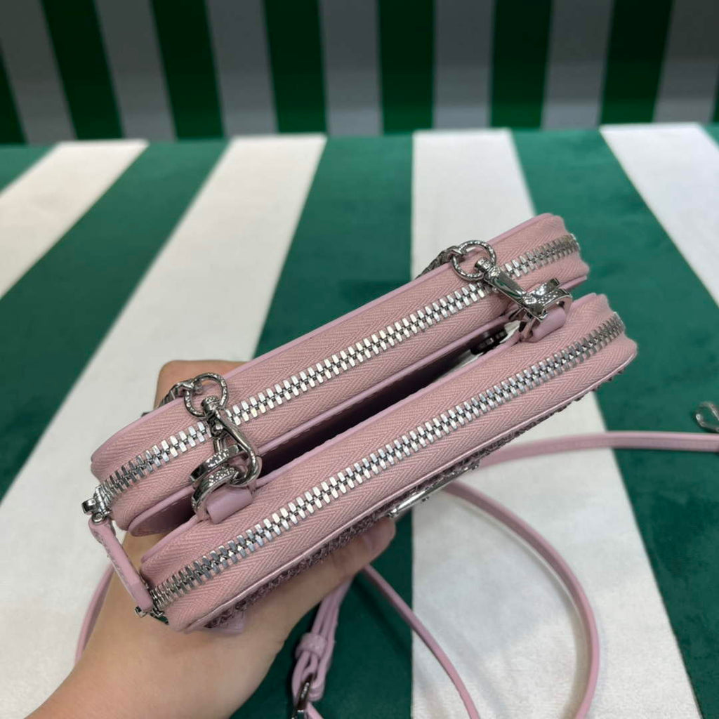 Prada 1NR015 Embellished satin and leather mini-pouch Pink