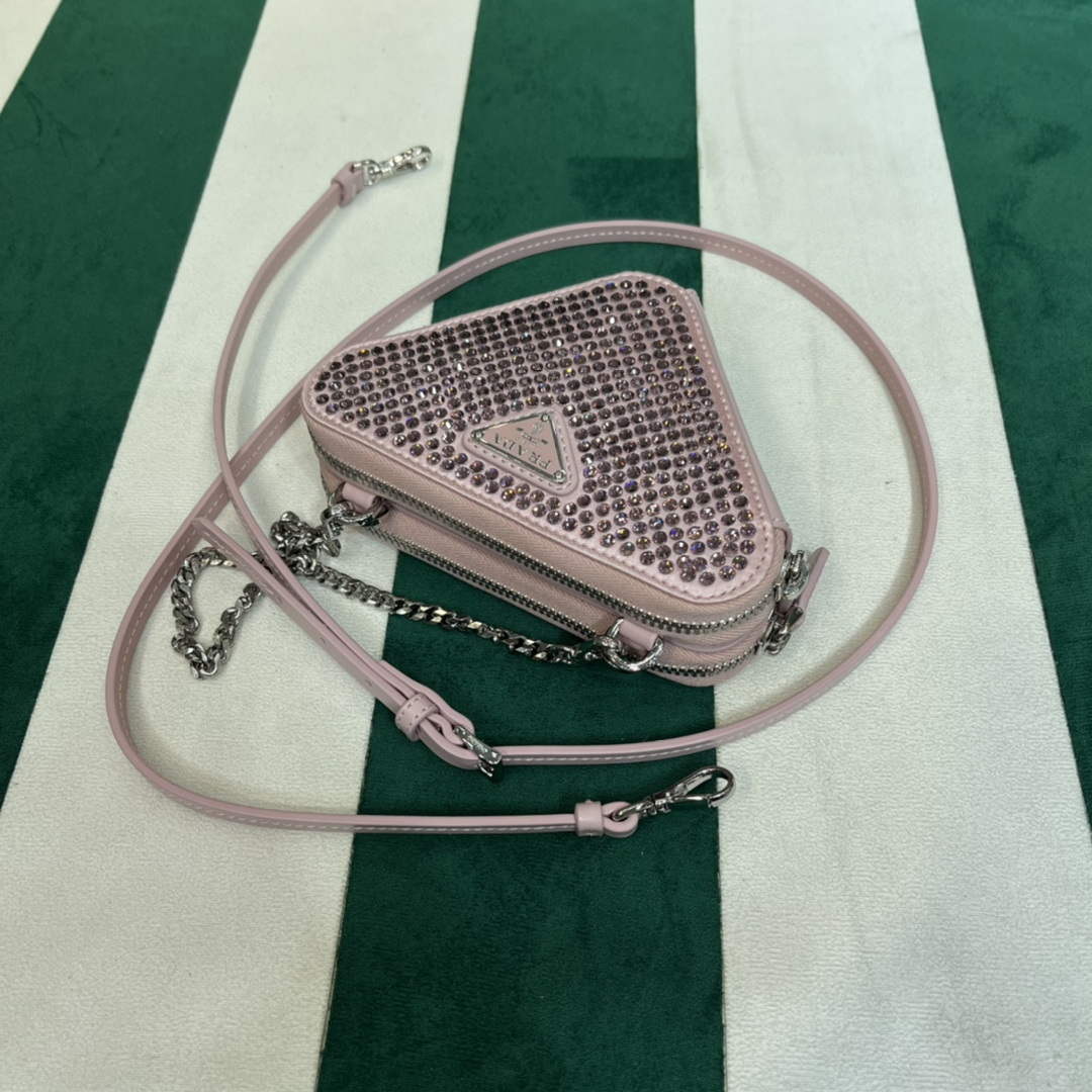 Prada 1NR015 Embellished satin and leather mini-pouch Pink