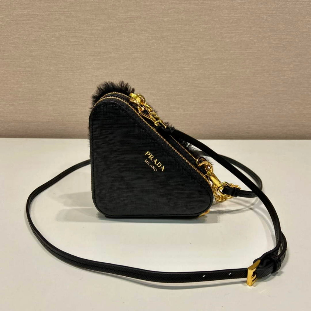 Prada 1NR015 Shearling and Saffiano leather mini-pouch Black