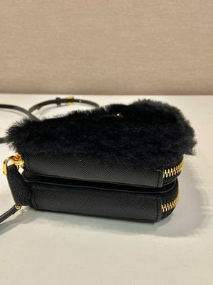 Prada 1NR015 Shearling and Saffiano leather mini-pouch Black - Default Title - View 6