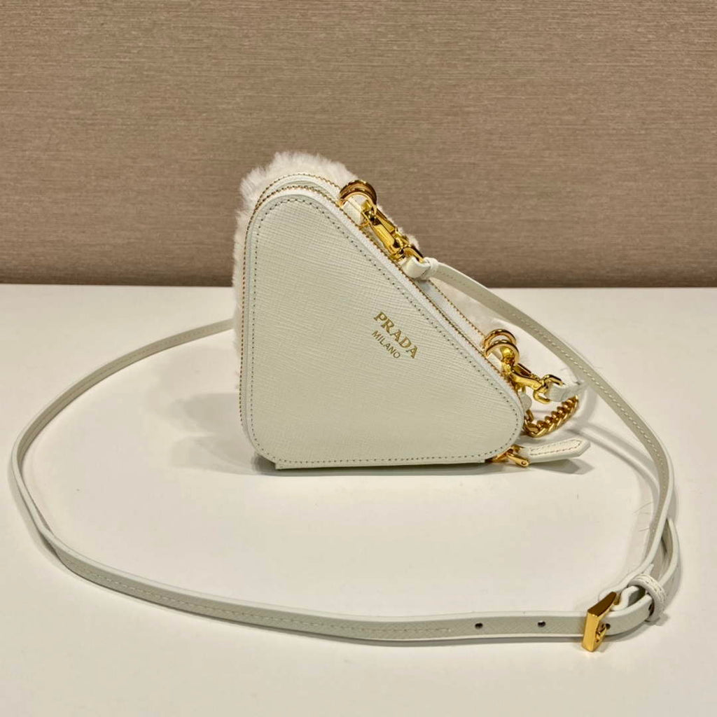 Prada 1NR015 Shearling and Saffiano leather mini-pouch White