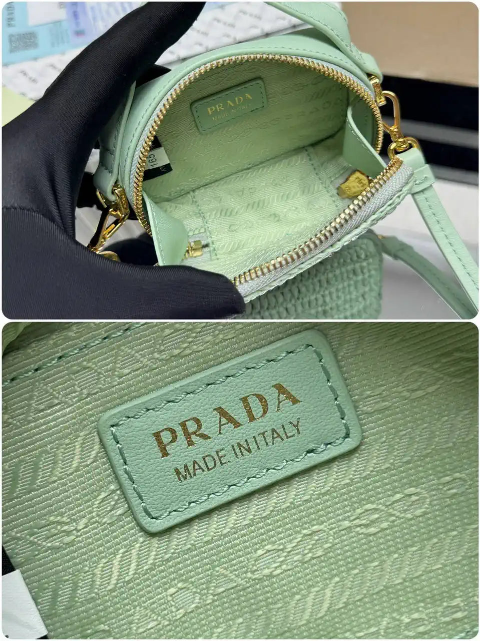 Prada 1NR025 Crochet and leather mini-pouch Green