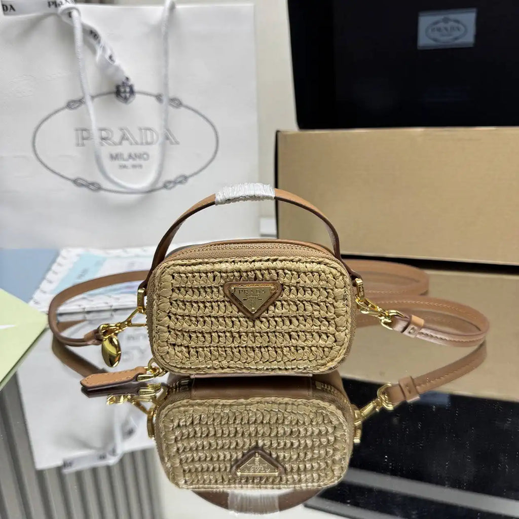 Prada 1NR025 Crochet and leather mini-pouch Natural